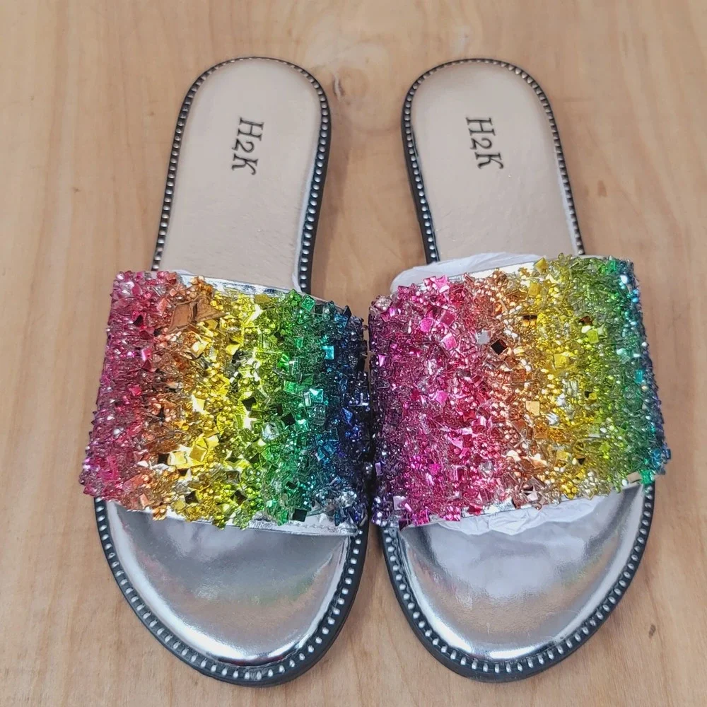 H2K Womens Slides Sz 5 Glitter Rainbow Flat Low Wedge Sandals Shoes